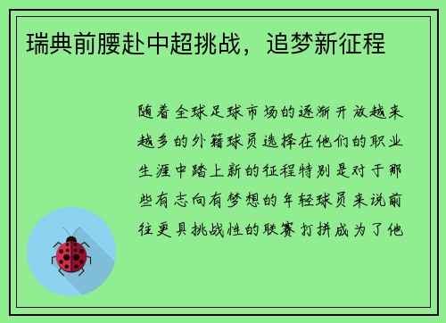 瑞典前腰赴中超挑战，追梦新征程