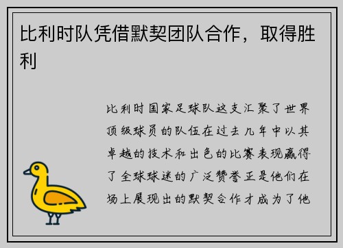 比利时队凭借默契团队合作，取得胜利