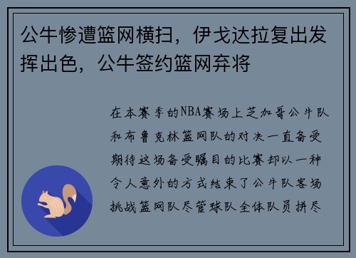 公牛惨遭篮网横扫，伊戈达拉复出发挥出色，公牛签约篮网弃将