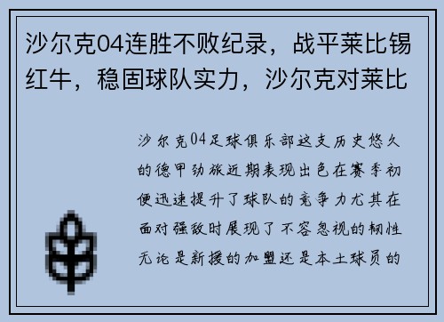 沙尔克04连胜不败纪录，战平莱比锡红牛，稳固球队实力，沙尔克对莱比锡红牛在线观看