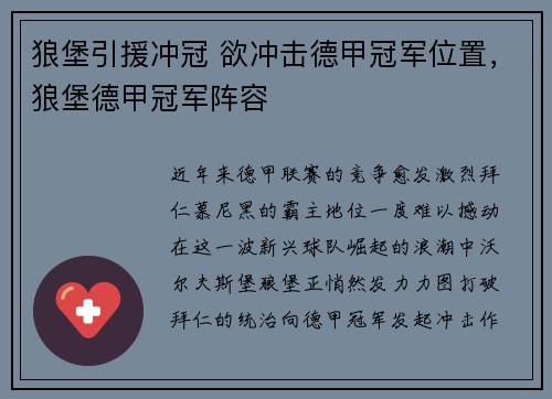 狼堡引援冲冠 欲冲击德甲冠军位置，狼堡德甲冠军阵容