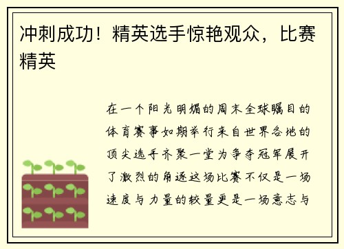 冲刺成功！精英选手惊艳观众，比赛精英