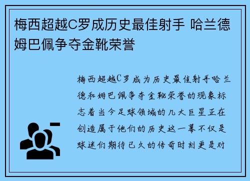 梅西超越C罗成历史最佳射手 哈兰德姆巴佩争夺金靴荣誉