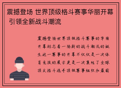 震撼登场 世界顶级格斗赛事华丽开幕 引领全新战斗潮流
